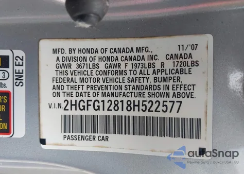 2008 Honda Civic Ex из США, поврежденный, VIN 2HGFG12818H522577